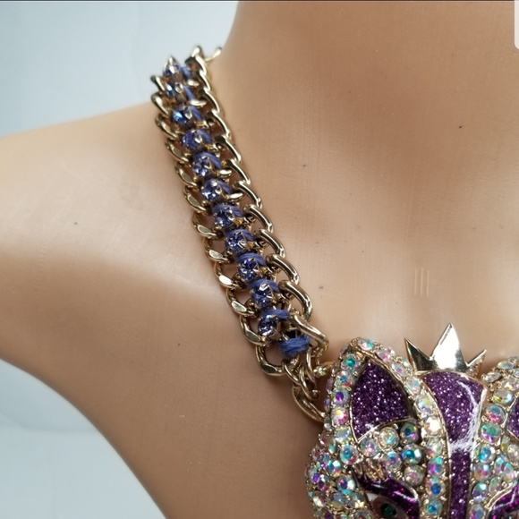 BETSEY JOHNSON PURPLE CRYSTALS FOX CHUNKY STATEMENT FASHION CHAIN NECKLACE. - Picture 5 of 10